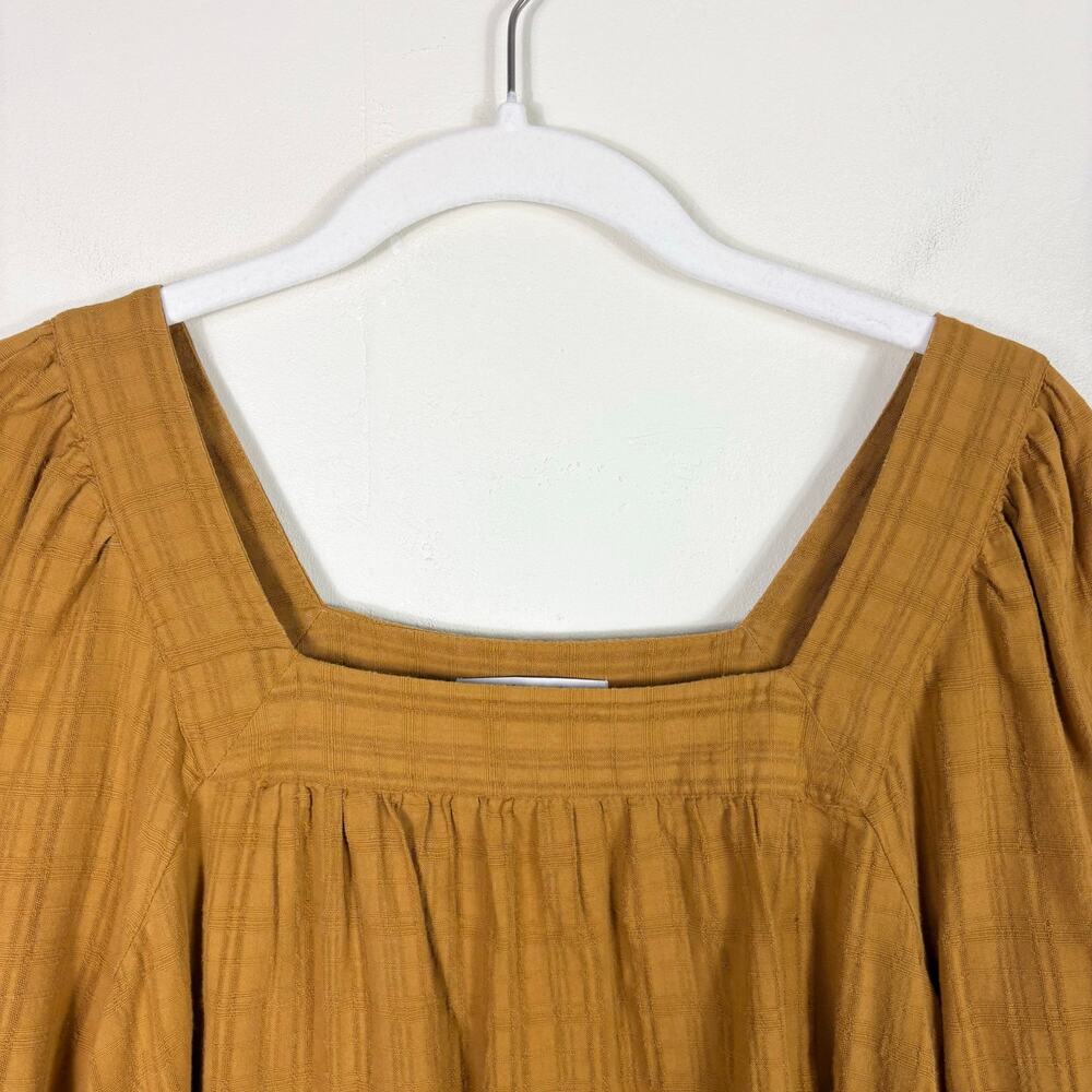Madewell Lightweight Cotton Square Neck Bubble Sleeve Top in Antique Gold Plaid - Picture 3 of 10